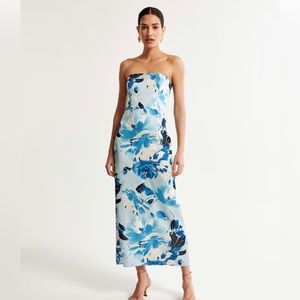 Blue Floral Strapless Satin Maxi Dress